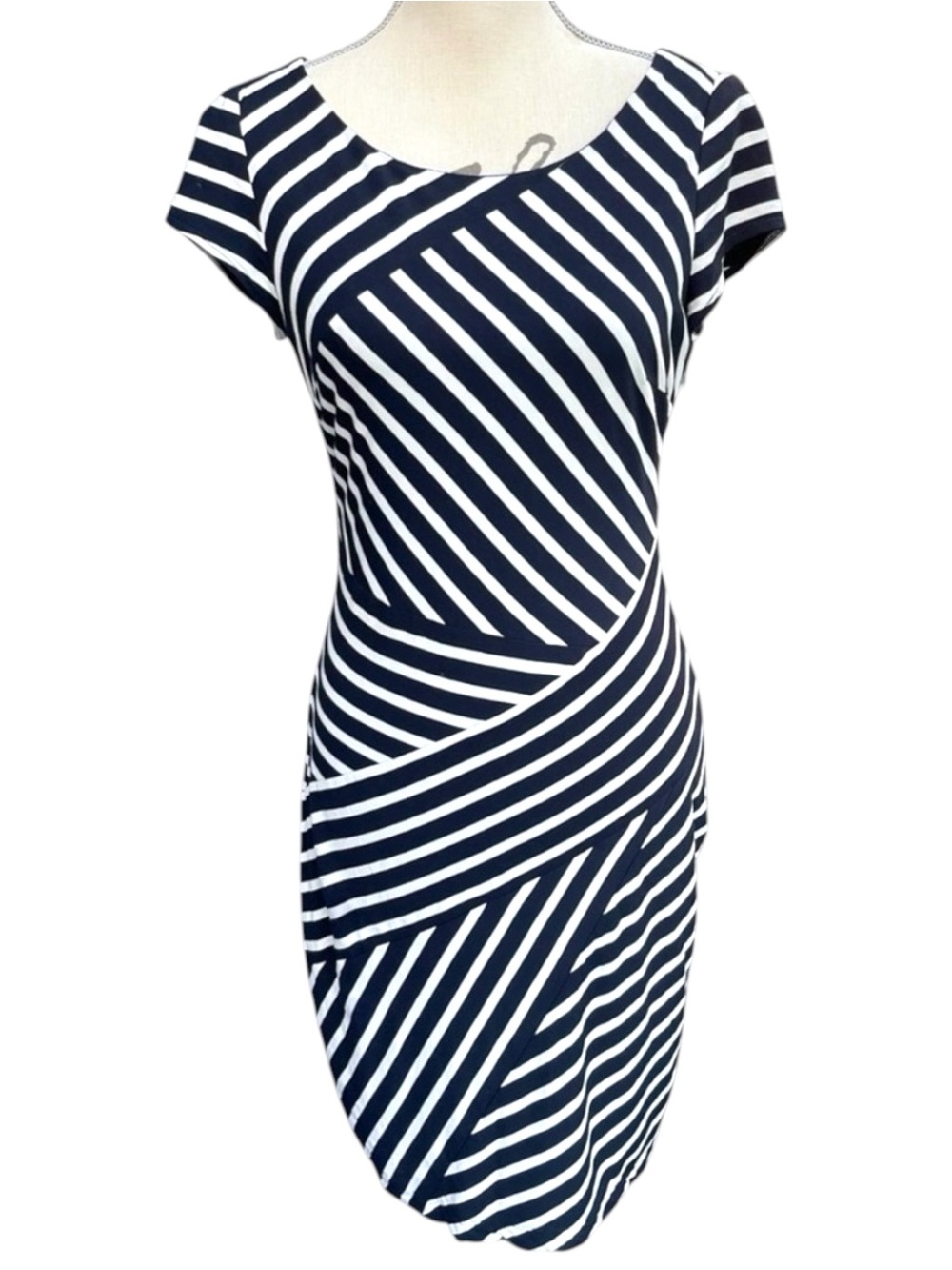 Joseph Ribkoff Navy/White Bold Stripe Scoop Neck Cap Sleeve Fitted Dress (8)